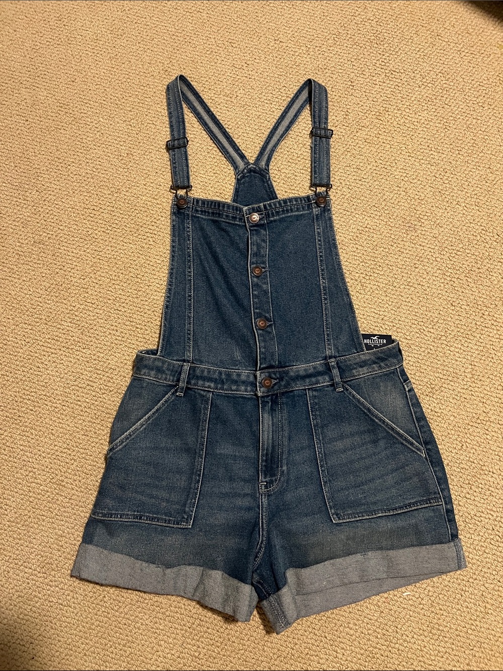 Hollister High-Rise Mom Short Overalls in Dark Blue Denim